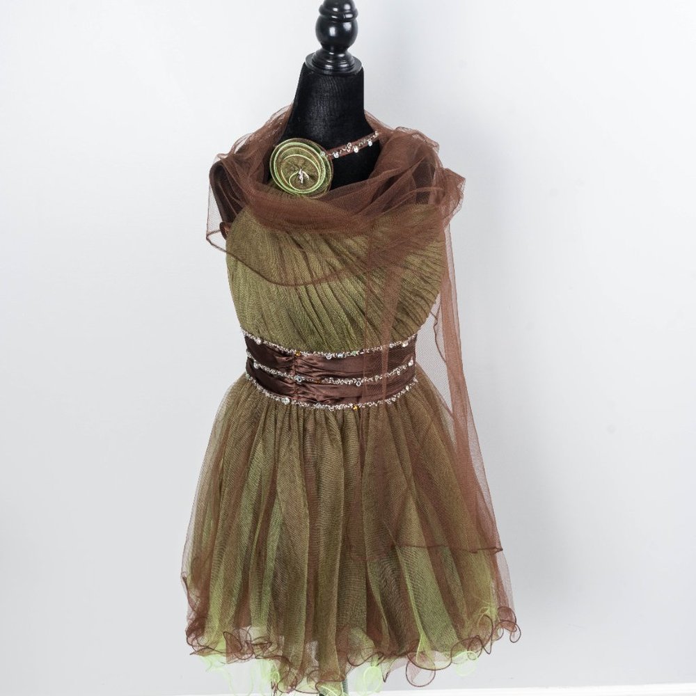 NWT Brown & Lime Asymmetrical Dress & Shawl  - sz 14